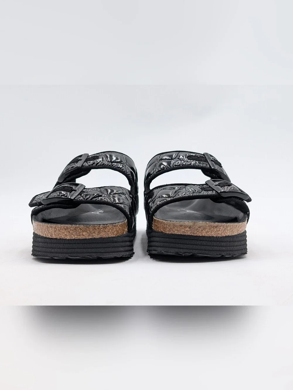 Papillio by Birkenstock Sz 7-7.5 Arizona Platform Padded Blk Patent-Like Sandals